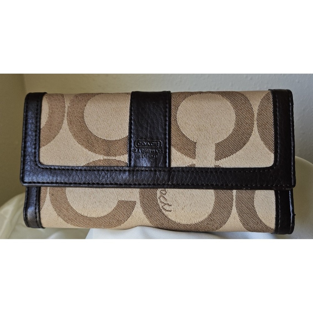 Coach Brown Leather Checkbook Wallet in Signature Canvas - Khaki and Tan - Picture 2 of 16
